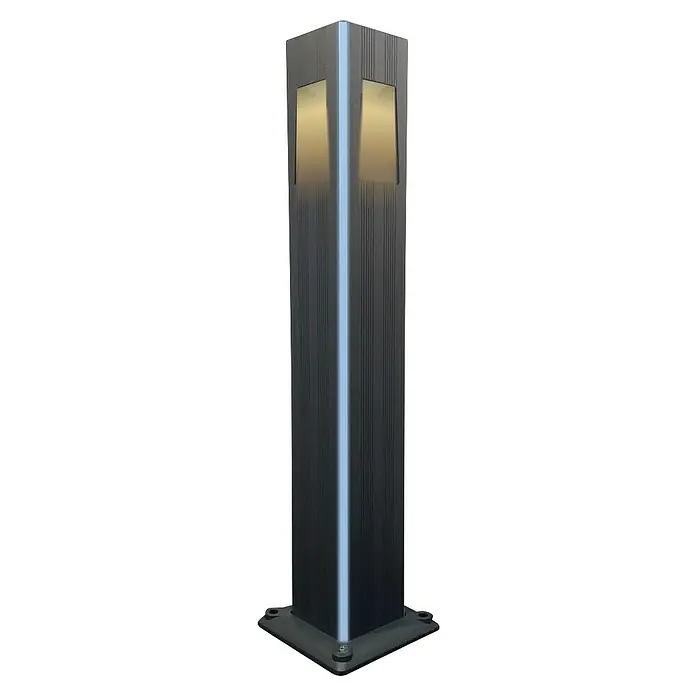Led Hispania Sobremuro exterior Kubik - 3 ud., 12 W, Negro, 12 x 12 x 80 cm - Una moderna luminaria bolardo negra con detalles dorados y una tira de luz azul, ideal para espacios exteriores elegantes.