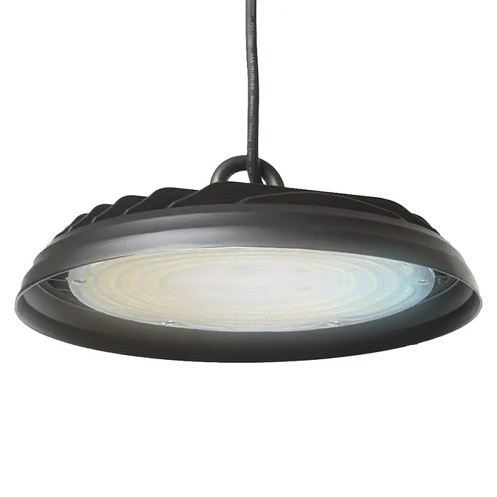 Led Hispania Campana LED Merak-II - 100 W, Diámetro: 24,4 cm, Aluminio, 3.000 K - 6.000 K - Lámpara de techo industrial con carcasa negra y superficie de iluminación redonda blanca. Ideal para fábricas y almacenes.