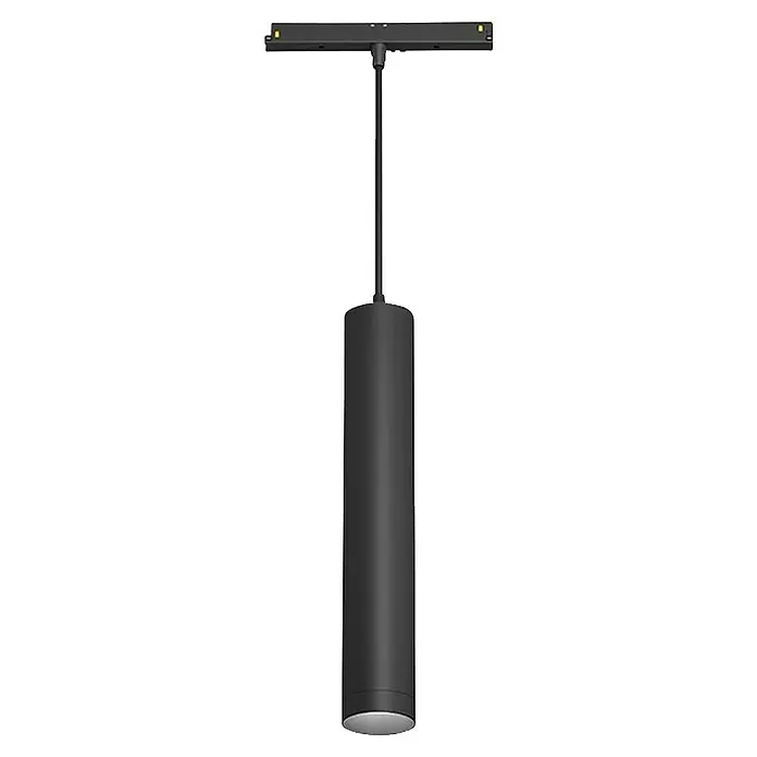 Panaled Foco para riel magnético - 10 W, Negro, 5 ud. - Lámpara colgante negra con pantalla cilíndrica, suspendida de un soporte de techo, que ofrece una solución de iluminación moderna.
