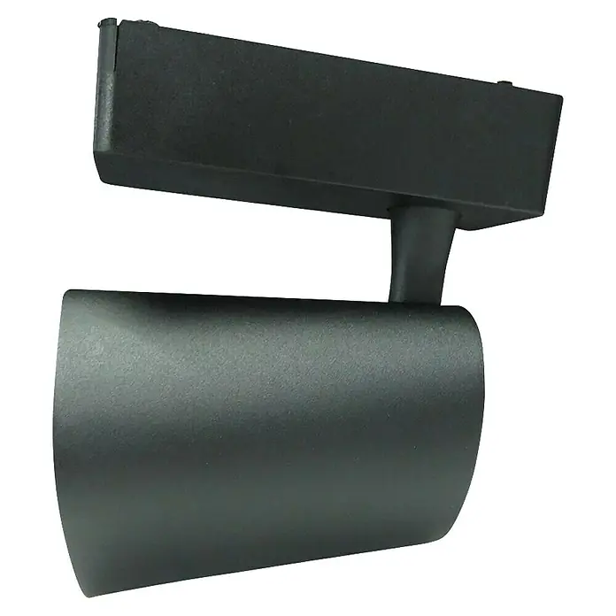 Led Hispania Foco LED para riel Nor - 40 W, Blanco cálido, 5 ud., Negro, 3.000 K - Primer plano de un foco de carril negro. El diseño moderno es ideal para la iluminación de acento en varios espacios.