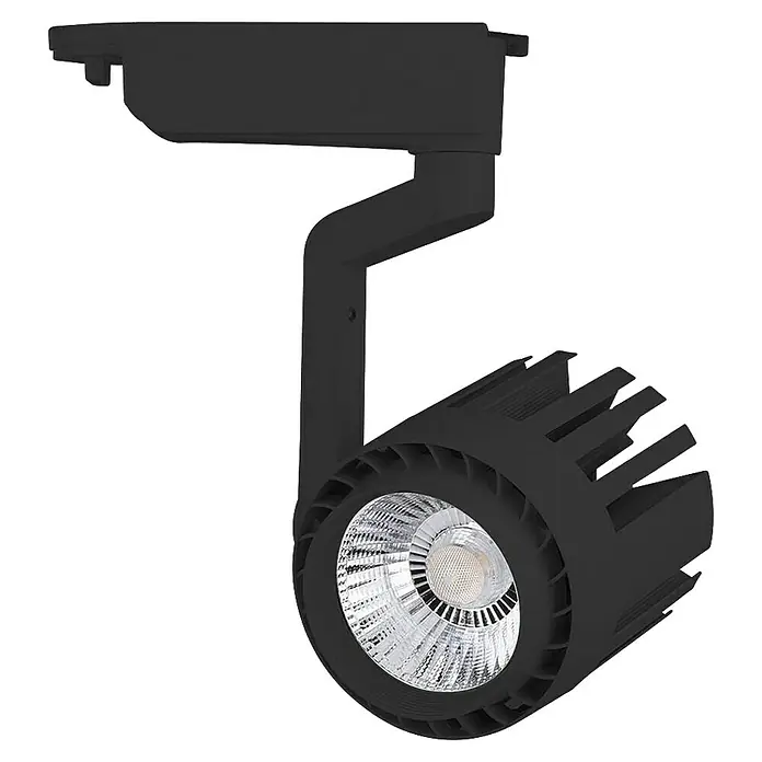 Led Hispania Foco LED para riel Alex - 30 W, Negro - Imagen de una lámpara de foco LED negra con cabezal ajustable para iluminación enfocada. Su diseño moderno es ideal para iluminación de acento.