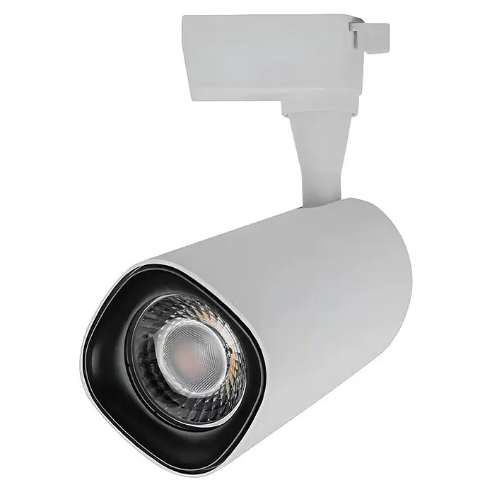 Led Hispania Foco LED para riel Nor - 40 W, Blanco cálido, 5 ud., Blanco, 3.000 K - Primer plano de un foco de carril LED blanco con haz enfocado, que muestra su diseño moderno, ideal para soluciones de iluminación interior.