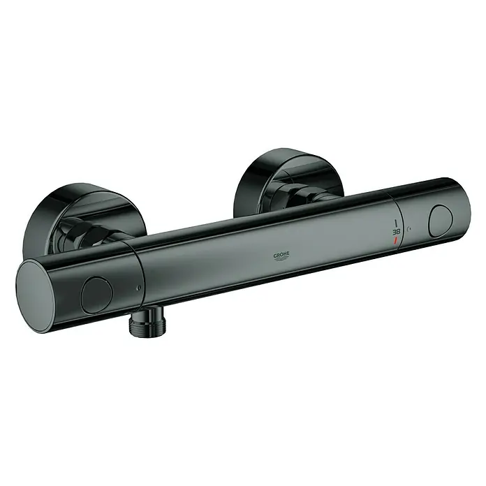 Grohe Grohtherm 1000 Cosmopolitan Thermostatarmatur - Breite: 29,8 cm, Hard Graphite, Glänzend - Abbildung einer schwarzen Grohe Duscharmatur für Badezimmer mit Thermostat zur Temperaturregelung und zur Wasserkontrolle.