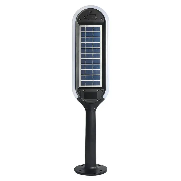 Baliza exterior LED solar Denia - 3 W, Blanco neutro - Esta foto presenta una luz solar con un diseño elegante y un panel solar integrado para una iluminación ecológica.