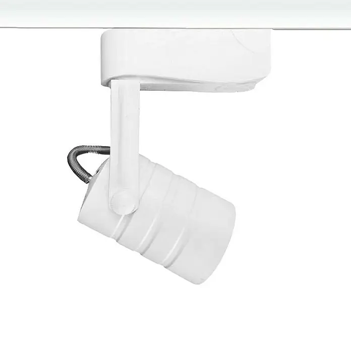 Led Hispania Foco para riel monofásico - Ø x Al: 5,5 x 13,5 cm, Blanco, 5 ud. - Primer plano de un foco de carril blanco colgado de un techo, mostrando un diseño moderno y minimalista.