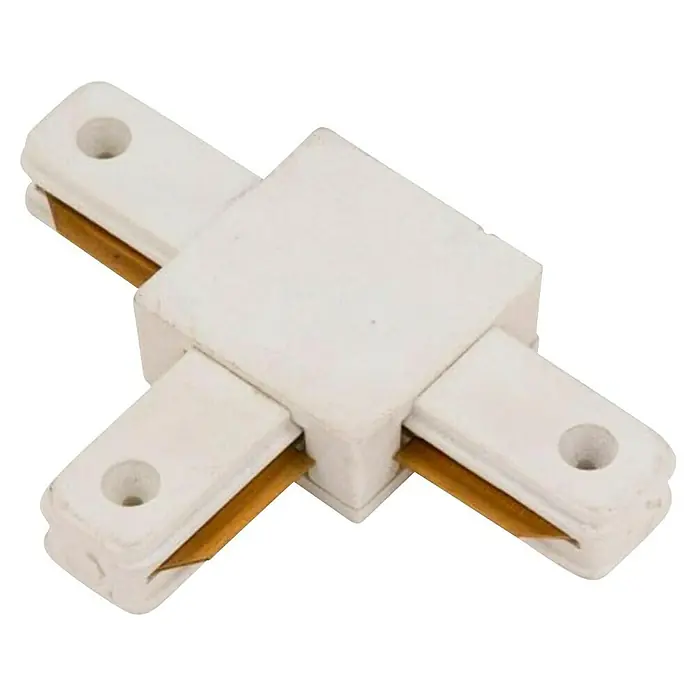 Led Hispania Conector en T monofásico - Blanco, L x An x Al: 7 x 3,5 x 10,5 cm, 5 ud. - Un conector en T blanco para iluminación en riel, con tres puntos de conexión y contactos metálicos visibles, para instalar sistemas de riel.