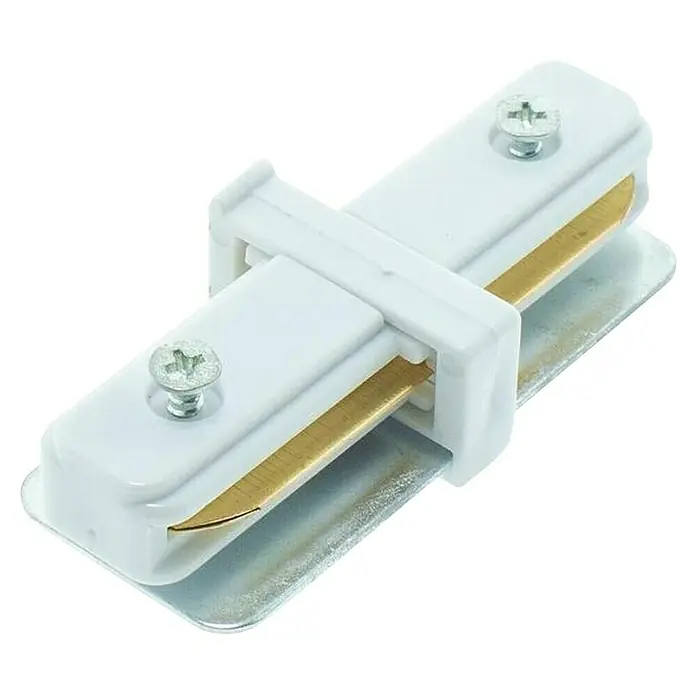 Led Hispania Conector monofásico - 3,3 x 3,3 x 7,7 cm, Blanco, 5 ud. - Primer plano de un conector blanco para riel de iluminación con tornillos e insertos metálicos.