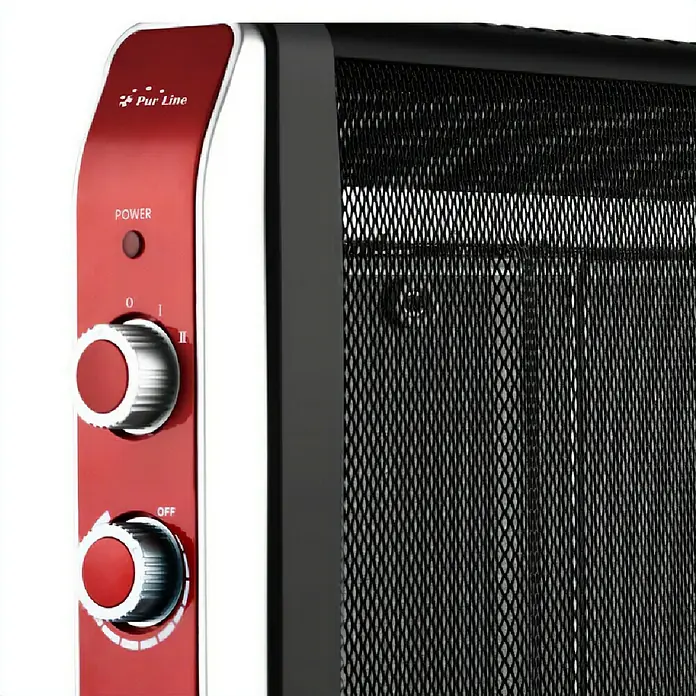 Purline Radiador eléctrico de mica - 2.000 W, Negro/Rojo - Primer plano de un calefactor Pur Line rojo con mandos de control y rejilla metálica negra.