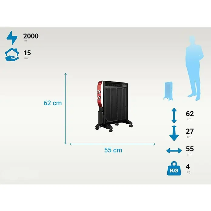 Purline Radiador eléctrico de mica - 2.000 W, Negro/Rojo - La imagen presenta un calefactor eléctrico con unas dimensiones de 62 cm de altura y 55 cm de anchura, apto para habitaciones de hasta 15 m² y una potencia de 2000W.