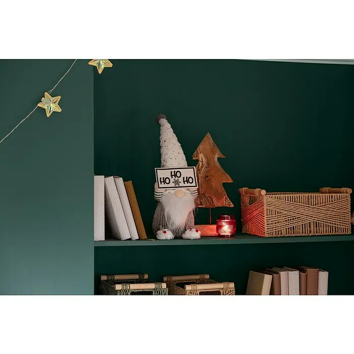 Tween Light Guirnalda luminosa LED de estrellas iridiscentes - Para interior, Color de luz: Blanco cálido, Número de bombillas: 10 ud., Funciona con pilas - Gnomo decorativo navideño con un cartel de "Ho Ho Ho", rodeado de libros, un abeto decorativo y una cesta de mimbre en una estantería.