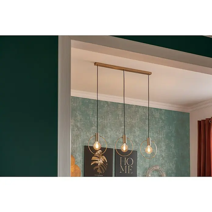 Eglo Pendelleuchte MANIZALES - 40 W, L x B x H: 101 x 50 x 110 cm, Messing-gebürstet, E27, Anzahl Leuchtmittel: 3 Stk. - Moderne Pendelleuchte mit drei goldenen Ringen und Edison-Glühbirnen, die einen Hauch von industriellem Chic verleihen und das Zuhause beleuchten.