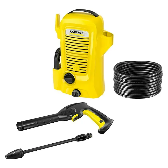 Kärcher Hidrolimpiadora de alta presión K 2 Universal Edition - 110 bar, 1.400 W, Capacidad de bombeo: 360 l/h - La imagen muestra una hidrolimpiadora Kärcher amarilla con accesorios, incluyendo la manguera y la pistola rociadora, contra un fondo blanco.
