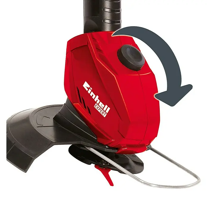Einhell PXC 18V Recortabordes de batería GE-CT 18 Li-Solo - 18 V, Iones de litio, Sin batería - Detalle de un cortacésped Einhell EXPERT rojo, sugiriendo la rotación. Ideal para el cuidado preciso del césped.