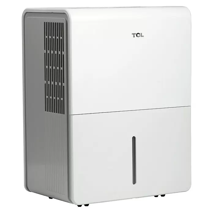 TCL Elektro-Luftentfeuchter - 500 W, Entfeuchtungsleistung: 35 l/Tag, L x B x H: 500 x 365 x 263 mm - Weißer TCL Luftentfeuchter mit grauen Lüftungsschlitzen und frontaler Wasserstandsanzeige.