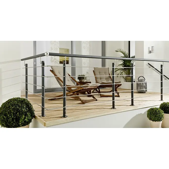 Treba Frewa Geländer-Set AG6 - Bodenmontage, Aluminium, Anthrazit, Edelstahl, Länge: 150 cm - Modernes Geländer aus Stahl und Holz für den Außenbereich. Das Design bietet Sicherheit und Stil für Terrasse oder Balkon.