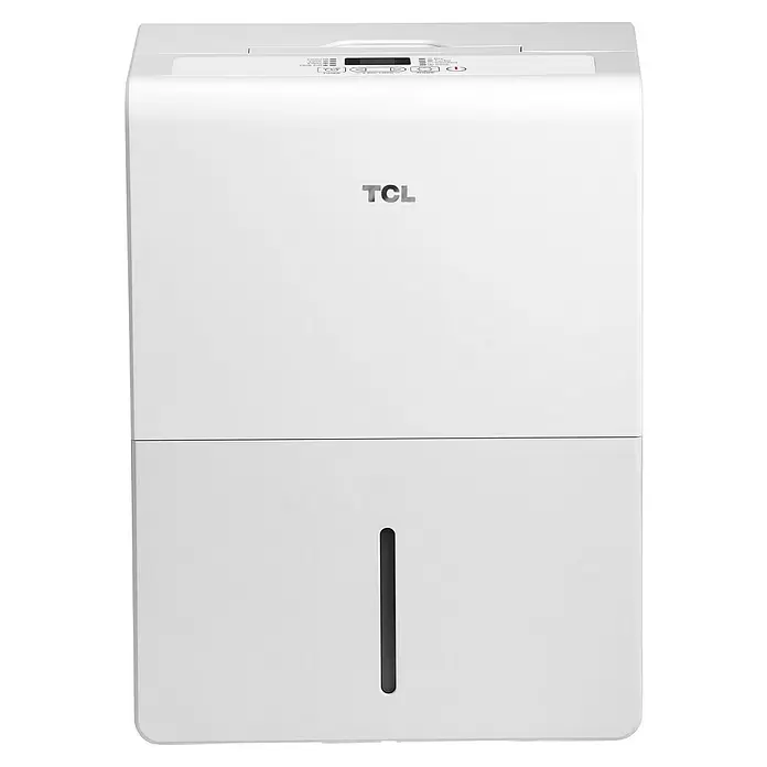 TCL Elektro-Luftentfeuchter - 500 W, Entfeuchtungsleistung: 35 l/Tag, L x B x H: 500 x 365 x 263 mm - Weißer TCL Luftentfeuchter mit Bedienfeld oben und Wasserstandsanzeige vorne.