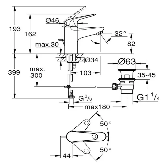 Grohe QuickFix Waschtischarmatur Swift - Chrom, Glänzend, Höhe: 162 mm - Produktbild mit Maßen eines Wasserhahns mit Hebel, inklusive Ablaufgarnitur und Montageanleitung, für eine einfache Installation.