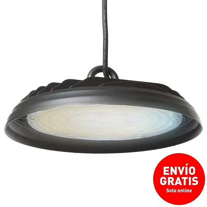 Led Hispania Campana LED Merak-II - 100 W, Diámetro: 24,4 cm, Aluminio, 3.000 K - 6.000 K - Primer plano de una luminaria LED de bahía alta con carcasa negra, suspendida del techo que emite luz brillante.