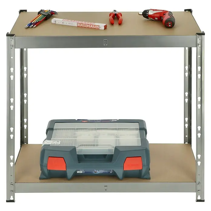 Regalux Metallregal - H x B x T: 76 x 76 x 38 cm, Traglast pro Boden: 140 kg, Anzahl Böden: 2 Stk., Stecken, Grau - Produktansicht eines Werkstatttisches mit Werkzeugen, inklusive Inbusschlüsseln, Kombizange, Bohrmaschine und Sortimentskasten.