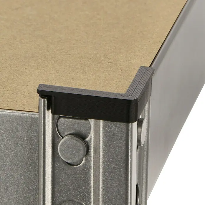 Regalux Metallregal - H x B x T: 76 x 76 x 38 cm, Traglast pro Boden: 140 kg, Anzahl Böden: 2 Stk., Stecken, Grau - Detailaufnahme einer Ecke eines Regals mit einem schwarzen Eckschutz aus Kunststoff, der die Kante schützt.\n