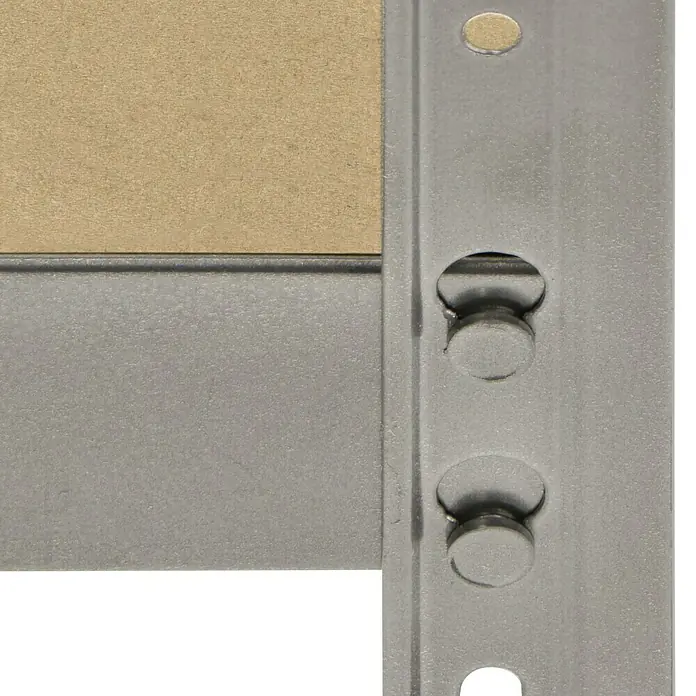 Regalux Metallregal - H x B x T: 76 x 76 x 38 cm, Traglast pro Boden: 140 kg, Anzahl Böden: 2 Stk., Stecken, Grau - Nahaufnahme einer Regalschiene aus Metall mit Befestigungselementen, die eine robuste und anpassbare Lösung für die Lagerung bietet.