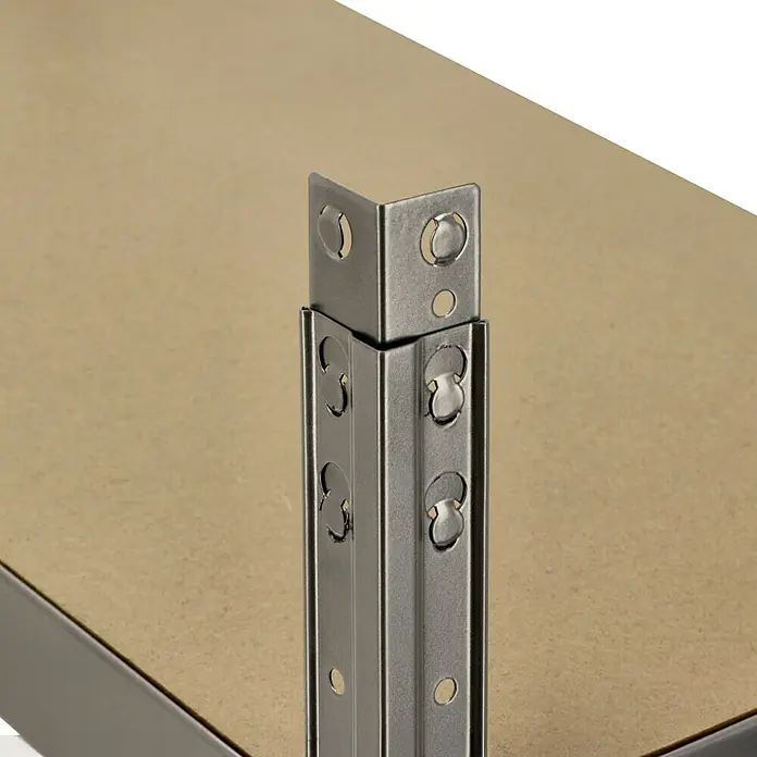 Regalux Metallregal - H x B x T: 76 x 76 x 38 cm, Traglast pro Boden: 140 kg, Anzahl Böden: 2 Stk., Stecken, Grau - Detailansicht eines Regals mit Metallstützen und einer hellen Holzplatte. Das Regal ist robust und stabil.
