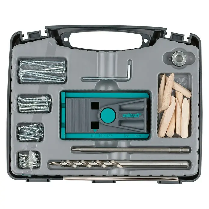 Wolfcraft Maletín de herramientas Undercover Jig Torx - 54 pzs. - Un juego Wolfcraft Dowel Master en una caja gris, que contiene varias herramientas para juntas de madera e inserción de tacos.