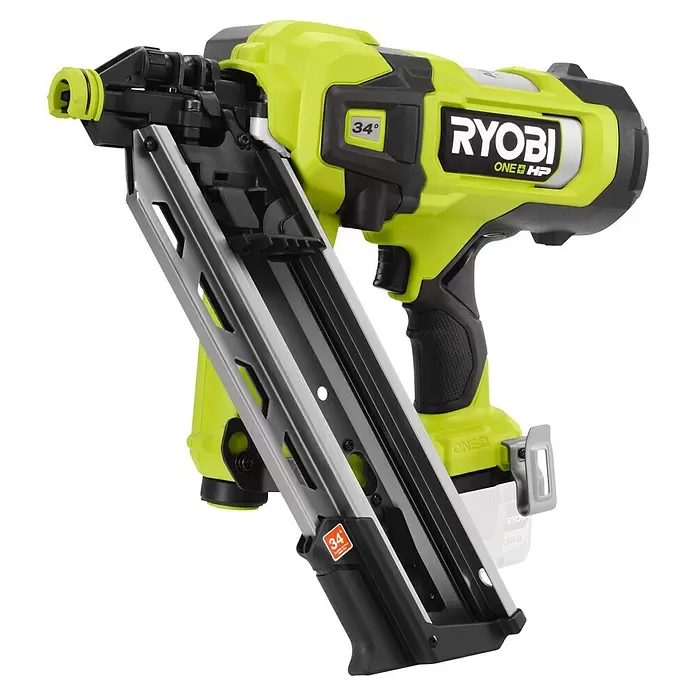 Ryobi ONE+HP Akku-Nagler RFN1834X-0 - 18 V, Ohne Akku, Länge Nagel: 50 mm - 90 mm - Grüner und schwarzer Ryobi ONE+ HP 34°-Akku-Rahmennagler für gekürzte oder Vollkopfnägel.