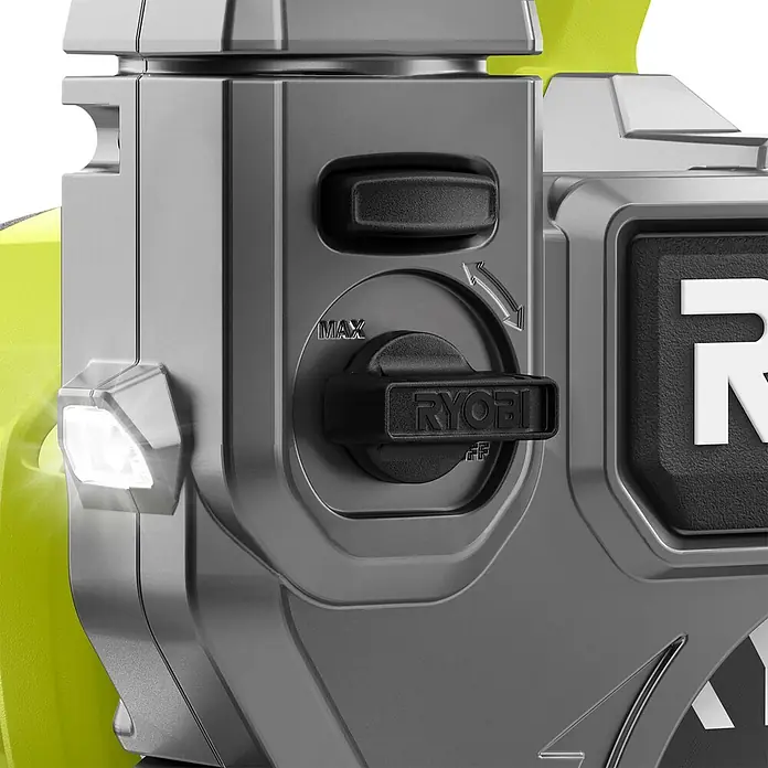 Ryobi Akku-Fliesenschneider RTS18C-0 - 18 V, Ohne Akku - Detailaufnahme einer Ryobi-Lampe mit Fokus auf den Drehknopf zur Einstellung der Helligkeit.