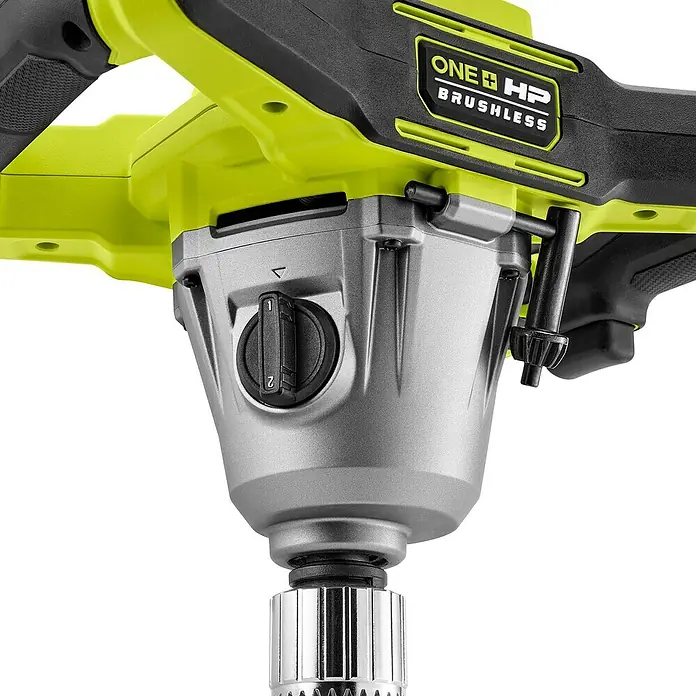 Ryobi ONE+HP Akku-Rührwerk RPM18X-0 - 18 V, Anzahl Akkus: Ohne Akku - Nahaufnahme eines Ryobi ONE+ HP Brushless-Mischers, der für effizientes Mischen von Materialien ausgelegt ist.