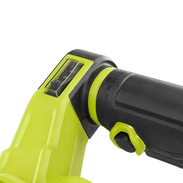 Ryobi ONE+HP Akku-Rührwerk RPM18X-0 - 18 V, Anzahl Akkus: Ohne Akku - Detailaufnahme einer gelb-schwarzen Sun Joe Laubsaug-Häckselgebläse-Kombination mit Geschwindigkeitsregler und Entriegelungsknopf.