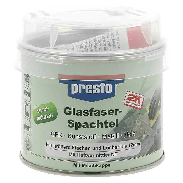 Presto Glasfaserspachtel Prestolith extra - 250 g - Dose Presto Glasfaser-Spachtel 2K mit Härter, geeignet für größere Flächen und Löcher bis 12mm. Ideal für GFK, Kunststoff, Metall und Holz.