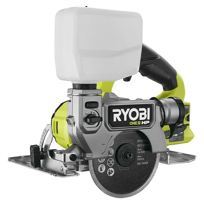 Ryobi Akku-Fliesenschneider RTS18C-0 - 18 V, Ohne Akku - Ein Detailaufnahme einer RYOBI ONE+ HP Fliesenschneidemaschine, die für präzise Schnitte in Fliesen und Keramik entwickelt wurde.