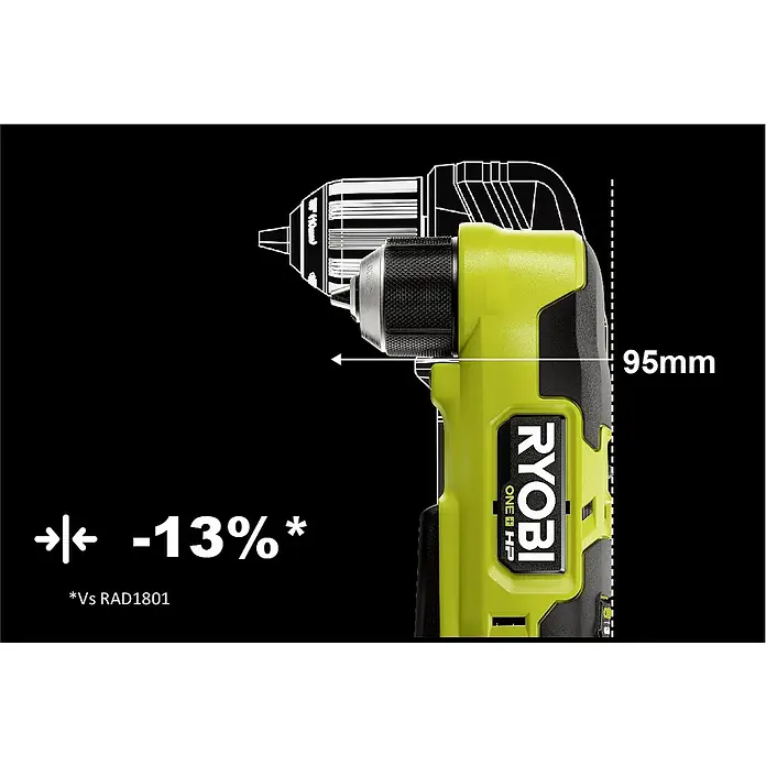 Ryobi ONE+HP Akku-Winkelbohrschrauber RAD18C-0 - 18 V, Ohne Akku, 40 Nm - Nahaufnahme eines Ryobi ONE+ HP Akku-Winkelschraubers, der seine kompakte Bauweise und sein ergonomisches Design hervorhebt.