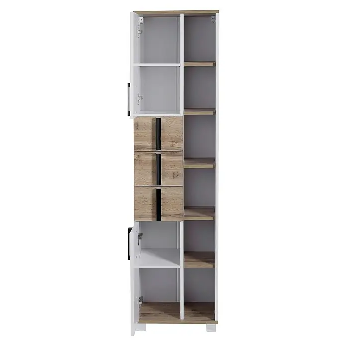 Schildmeyer Luca Hochschrank - 42 x 32 x 164 cm, Weiß/Wotaneiche - Ein offener Kleiderschrank mit drei Schubladen und mehreren Regalen. Der Kleiderschrank hat weiße und hellbraune Holzelemente.