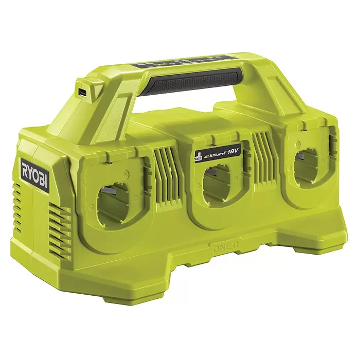 Ryobi ONE+ Akku-Ladegerät RC18640 - Passend für: Ryobi One+ 18V Akkus - Limettengrünes Ryobi ONE+ 18V Lithium+ Mehrfach-Akku-Schnellladegerät mit schwarzem Griff und USB-Anschluss.