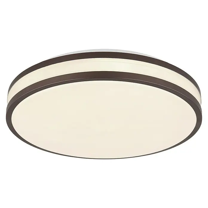 Globo LED-Deckenleuchte rund Betha - Ø x H: 34 cm x 7 mm, Kaffeefarben, Weiß opal, RGBW - Nahaufnahme einer runden Deckenleuchte mit braunem Rand und neutralem, weißem Licht. Das Lichtdesign ist modern und minimalistisch.