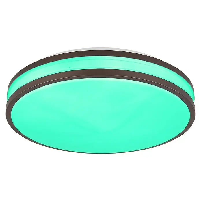 Globo LED-Deckenleuchte rund Betha - Ø x H: 34 cm x 7 mm, Kaffeefarben, Weiß opal, RGBW - Nahaufnahme einer LED-Deckenleuchte mit braunem Rahmen und leuchtend türkisfarbenem Licht, die ein modernes und energieeffizientes Design zeigt.