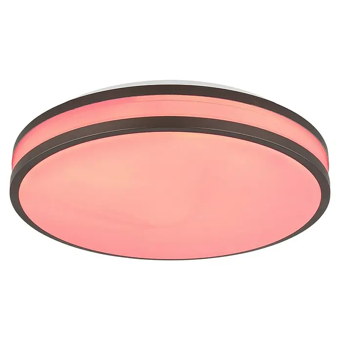 Globo LED-Deckenleuchte rund Betha - Ø x H: 34 cm x 7 mm, Kaffeefarben, Weiß opal, RGBW - Nahaufnahme einer runden Deckenleuchte mit bronzefarbenen Akzenten, die ein sanftes, warmes, rosafarbenes Licht ausstrahlt.
