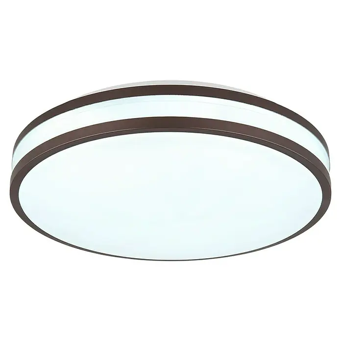 Globo LED-Deckenleuchte rund Betha - Ø x H: 34 cm x 7 mm, Kaffeefarben, Weiß opal, RGBW - Nahaufnahme einer runden Deckenleuchte mit braunem Rahmen und weißen Streifen, die ein warmes, einladendes Licht ausstrahlt.