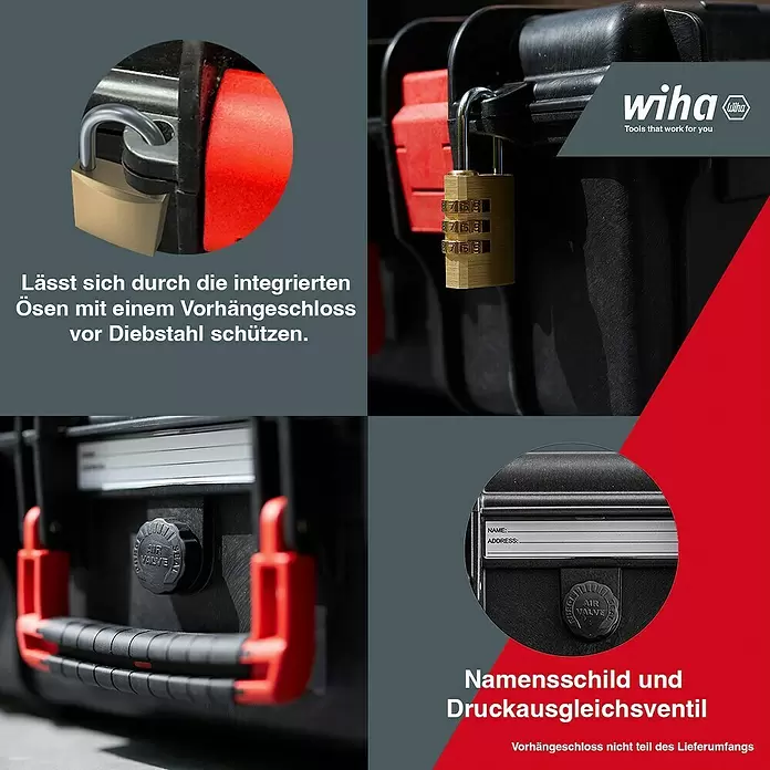 Wiha Werkzeugkoffer Basic L mechanic - L x B x H: 457 x 367 x 189,5 mm, 36 -tlg. - Schwarzer Werkzeugkoffer mit roten Akzenten, zeigt Ösen für Vorhängeschloss, Namensschild und Druckausgleichsventil.