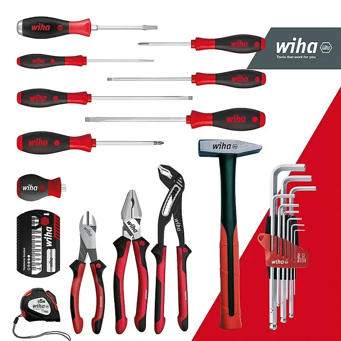 Wiha Werkzeugkoffer Basic L mechanic - L x B x H: 457 x 367 x 189,5 mm, 36 -tlg. - Wiha Werkzeug-Kollektion: rot-schwarze Schraubendreher, Zangen, Hammer, Inbusschlüssel, Maßband und Bit-Set.