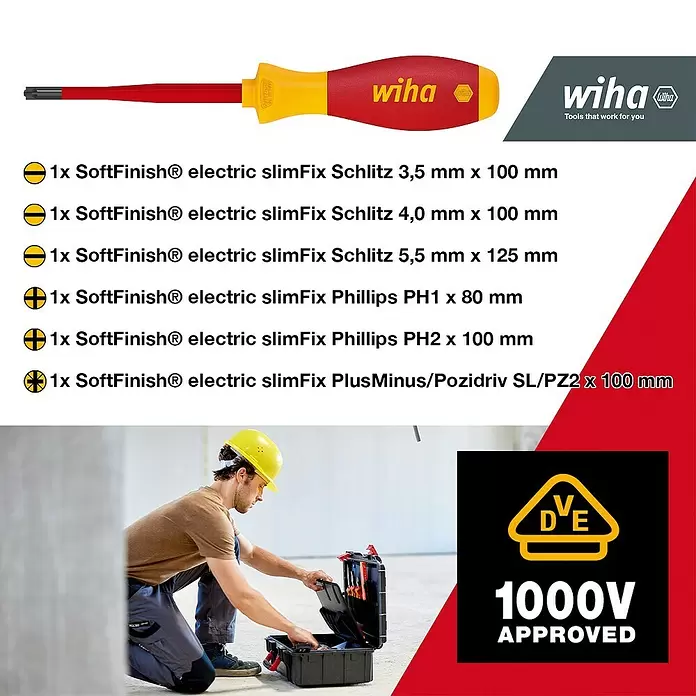Wiha Werkzeugkoffer Basic L electric - L x B x H: 457 x 367 x 189,5 mm, 18 -tlg. - Wiha electric slimFix Schraubendreher-Set mit rot/gelben Griffen, inkl. Schlitz-, Phillips- und PlusMinus-Typen, 1000V zugelassen.