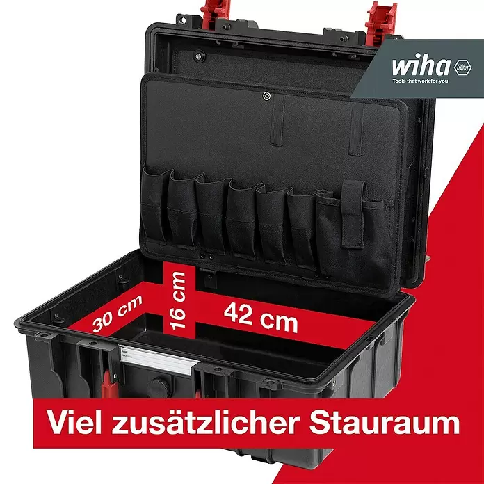Wiha Werkzeugkoffer Basic L mechanic - L x B x H: 457 x 367 x 189,5 mm, 36 -tlg. - Offener schwarzer Werkzeugkoffer, Innenmaße 42x30x16 cm mit Deckelorganizer, zeigt viel Stauraum.