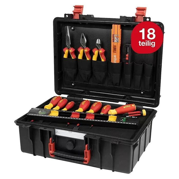 Wiha Werkzeugkoffer Basic L electric - L x B x H: 457 x 367 x 189,5 mm, 18 -tlg. - Schwarzer Wiha Werkzeugkoffer mit rot-gelben isolierten Schraubendrehern, Zangen und Gliedermaßstab, 18-teilig.