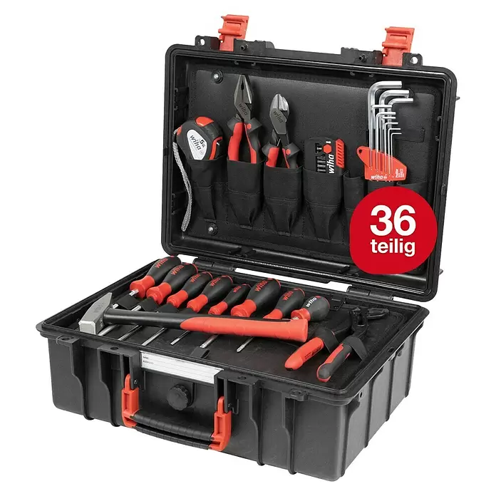 Wiha Werkzeugkoffer Basic L mechanic - L x B x H: 457 x 367 x 189,5 mm, 36 -tlg. - Schwarzer und roter Wiha Werkzeugkoffer offen, zeigt ein 36-teiliges Werkzeugset mit Schraubendrehern, Zangen, Hammer, Maßband, Innensechskantschlüsseln.