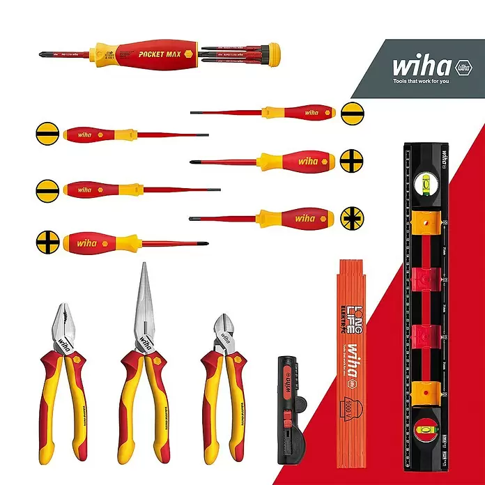 Wiha Werkzeugkoffer Basic L electric - L x B x H: 457 x 367 x 189,5 mm, 18 -tlg. - Wiha isolierte Schraubendrehersets, Zangen, Abisolierzange, Gliedermaßstab und Wasserwaage, alle in Rot und Gelb.