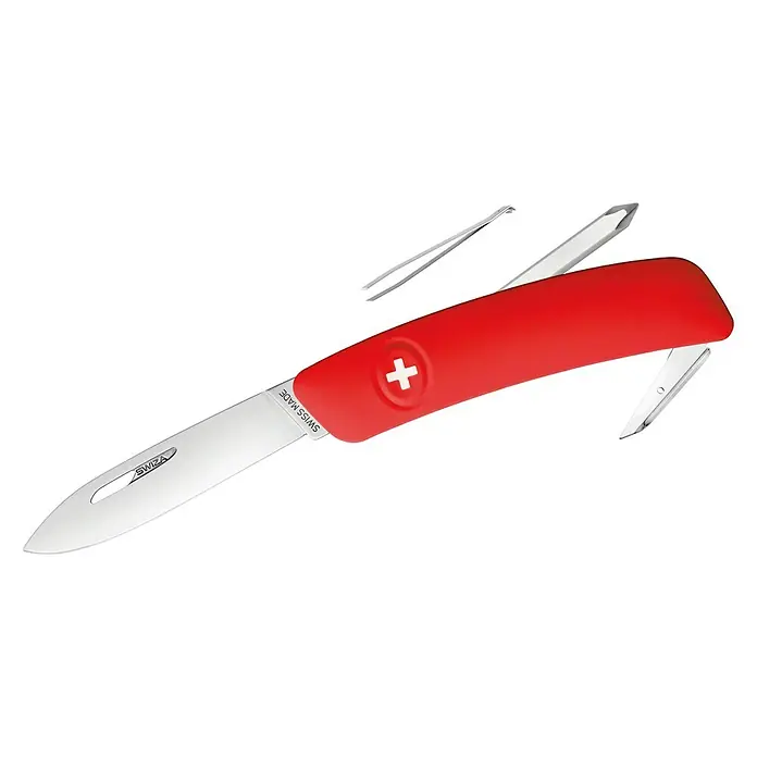 Swiza Taschenmesser D02 - Klingenlänge: 75 mm, Rot - Abbildung eines roten Schweizer Taschenmessers mit verschiedenen Werkzeugen, darunter eine Klinge, eine Pinzette und ein anderer Werkzeug.