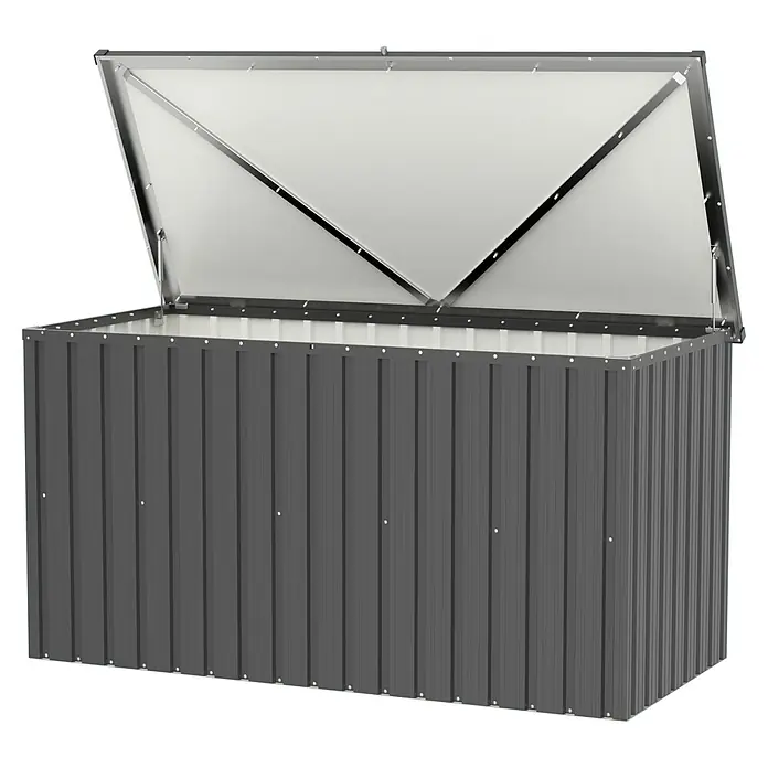 Tepro Garten-Aufbewahrungsbox Store XL - B x T x H: 184,3 x 90 x 93,8 cm, Anthrazit, Stahl - Bild eines grauen Geräteschuppens mit offenem Deckel. Ideal zur Aufbewahrung von Gartengeräten und -möbeln im Außenbereich.