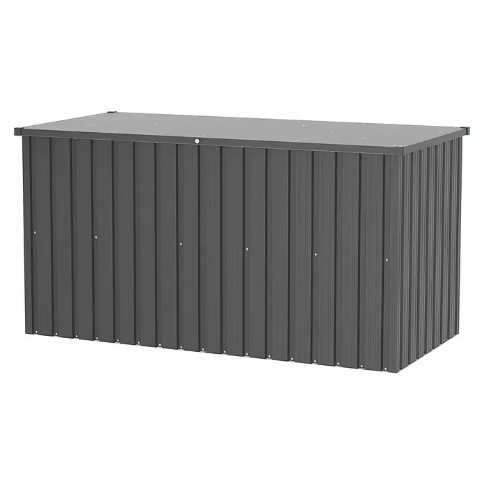 Tepro Garten-Aufbewahrungsbox Store XL - B x T x H: 184,3 x 90 x 93,8 cm, Anthrazit, Stahl - Darstellung eines grauen Gartenschranks mit vertikalen Streifen und flachem Deckel, ideal zur Aufbewahrung von Gartengeräten im Außenbereich.